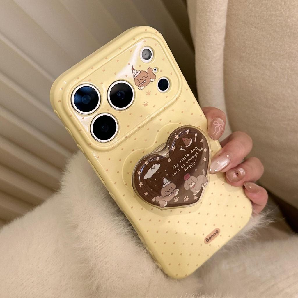 Cute Puppy Heart-Shaped Stand Phone Case for iPhone 16, iPhone 17, and iPhone 17 Pro Max
