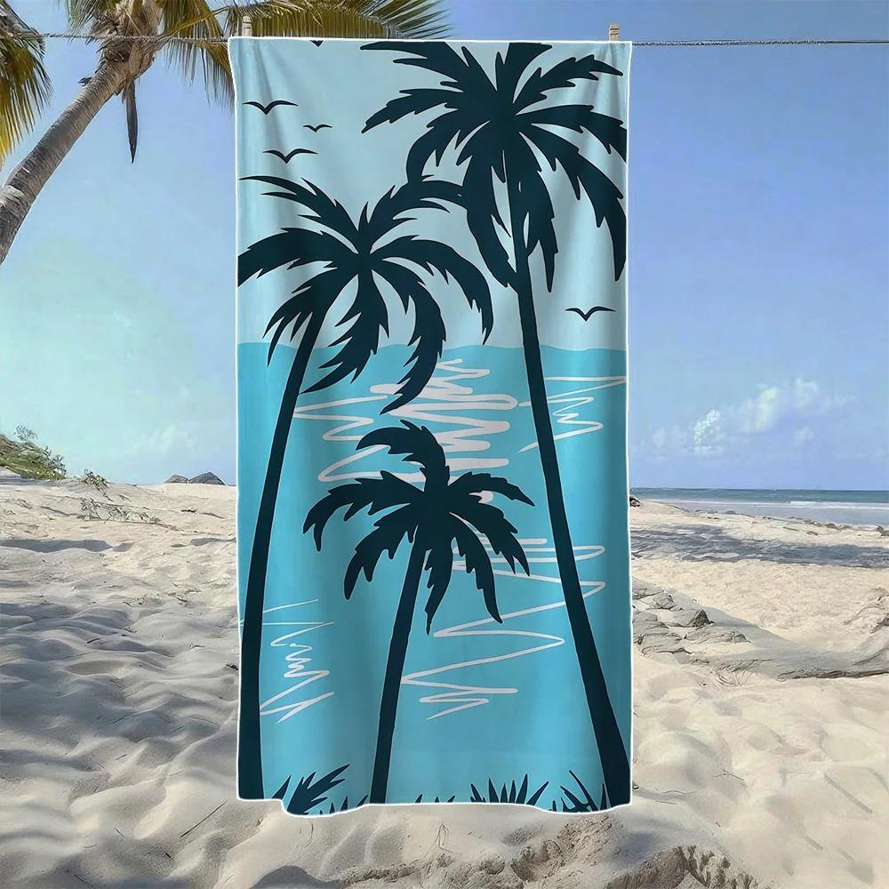 Navy Blue White Palm Tree Print Beach Towel Microfiber Quick Dry Absorbent Towel For Tropical Beach Pool Travel