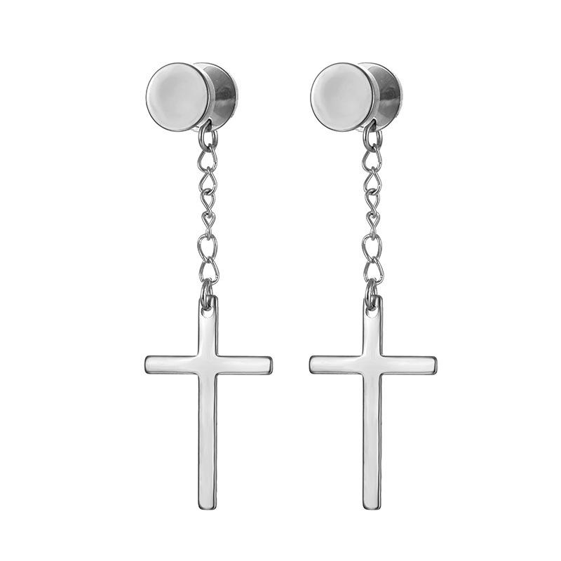 Newest 1 Pair Stainless Steel Cross Pendant Dangle Long Tassel Unisex Hoop Earrings Men/Women Punk Gothic Zircon Best Gifts