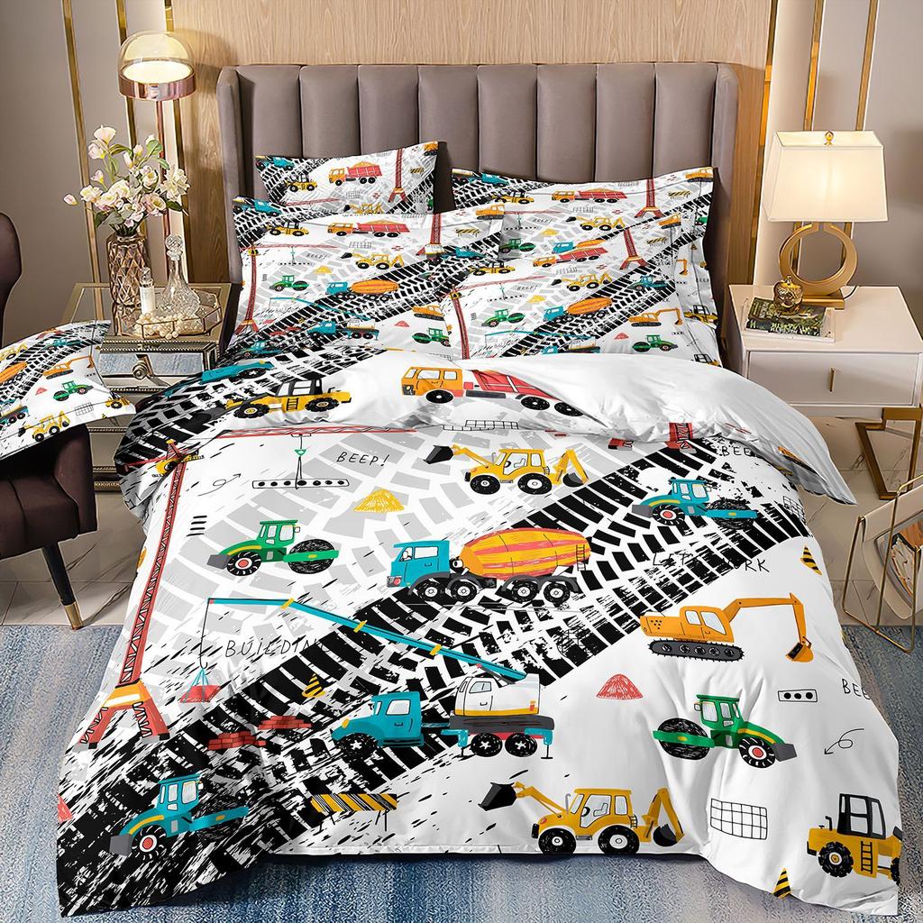 Construction Vehicle Excavator Truck Fire Truck 3D Digital Printing Bed Three-Piece Quilt Kit