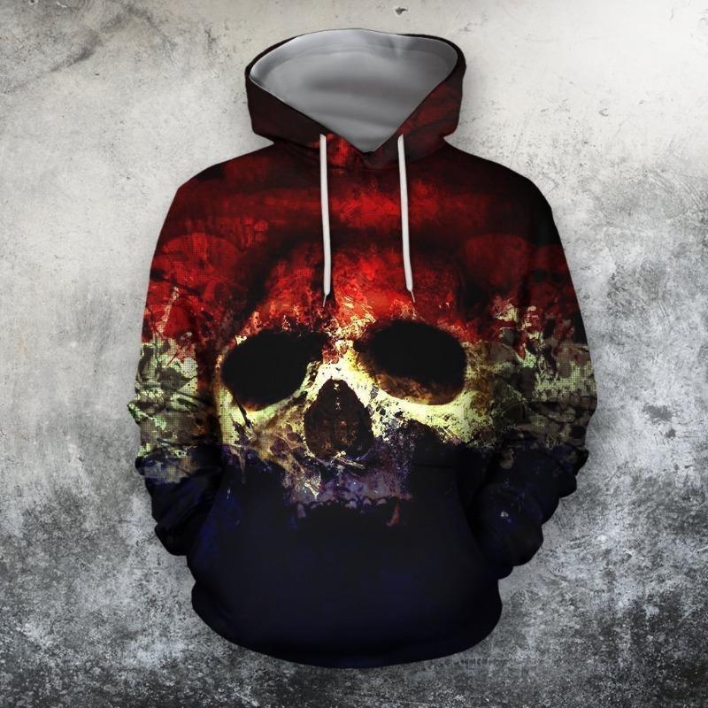 Autumn Vintage Hoodie Men Skull Flaming Graphic 3D Print Hip Hop Style Casual Men's Long Sleeve Oversize Comfortable Clothing