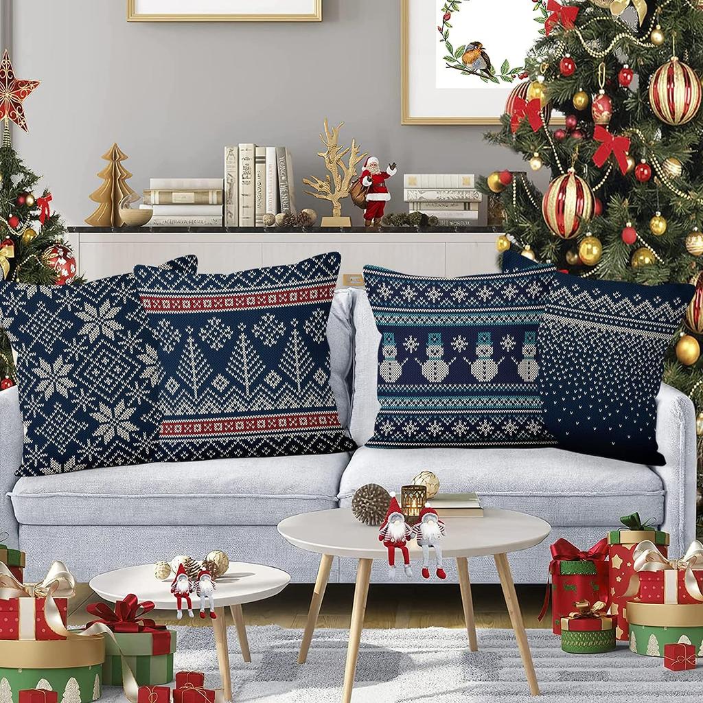 Winter Snowflake Pillowcase 45X45 Pillowcase Navy Blue Christmas Decorations Snowman Throw Pillowcase Cushion Outdoor Courtyard