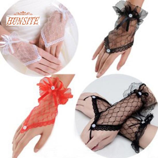 1 Pair Wedding Gloves Lace Fingerless See Through Bow-knot Thin Bride Party Gloves Female Vintage Soft Short Gloves