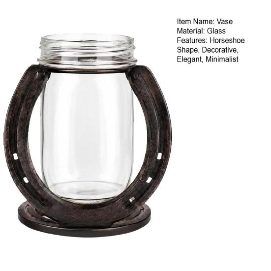 Creative Home Office Ornament Horseshoe Shaped Flower Vase, Rustic Metal Frame with Small Vase for Indoor Plants Clear Glass Jar, Western Farmhouse