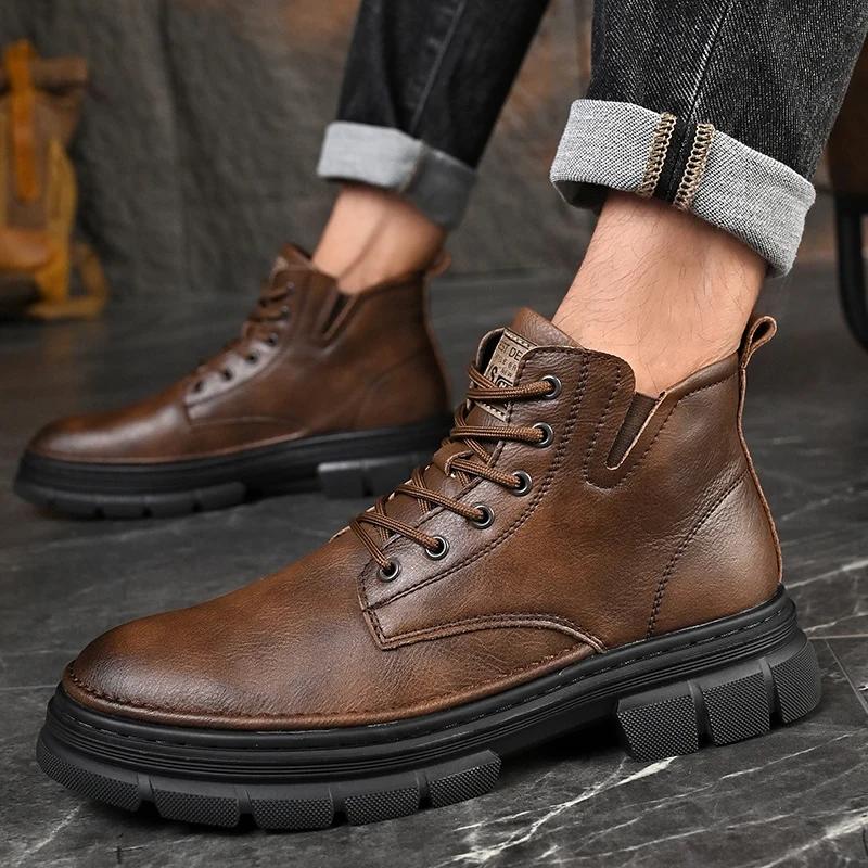 Fashion Hot Sale Men's Lace-Up Motorcycle Boots Leather Fashion Walking Shoes New Men Brand Mens Sneakers Male Comfortable Ankle Boots
