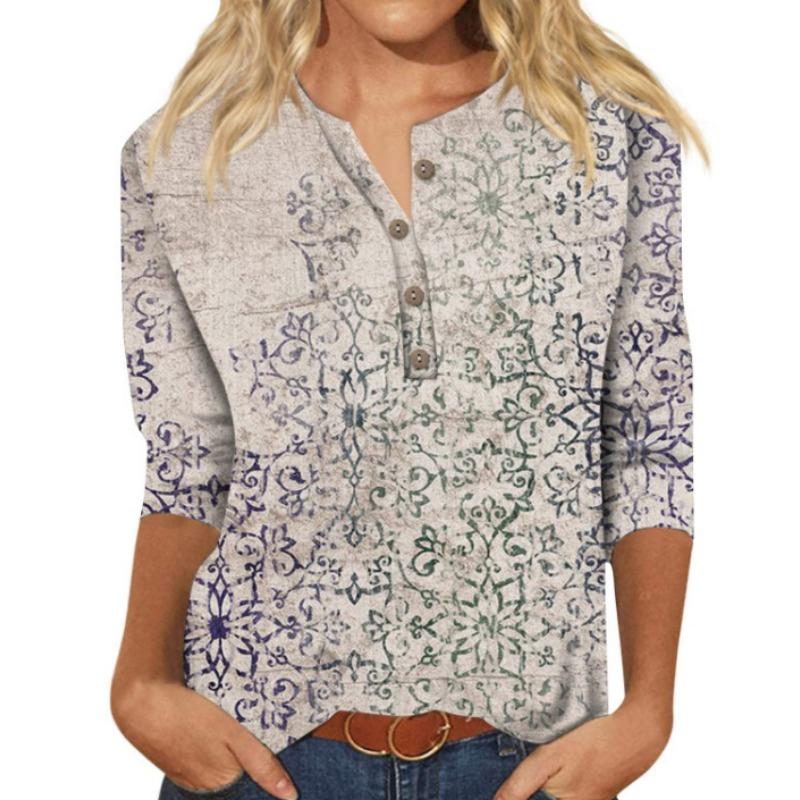 Button V-neck 3D Printed Top Fashionable Casual Long Sleeved Women's T-shirts