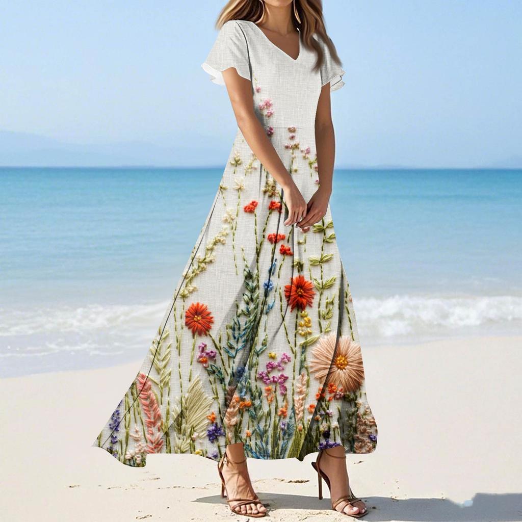 Damen Sommer Blumenmuster V-Ausschnitt Kurzarm Maxikleid Fließendes A-Linien Maxikleid Bohemian Urlaubs Strandkleid