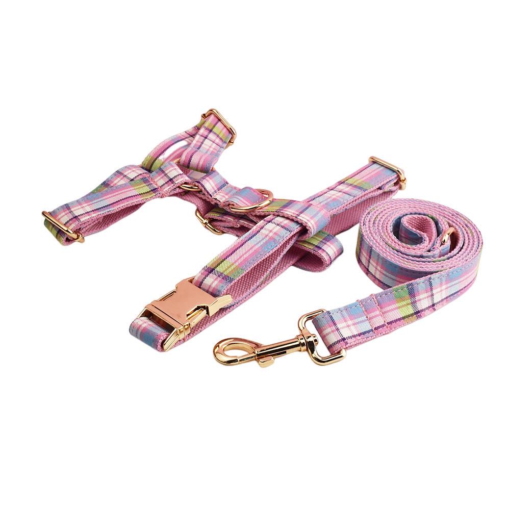 Colorful Plaid Dog Collar & Leash Set with Bowknot and Anti-Tangle Feature, Engravable