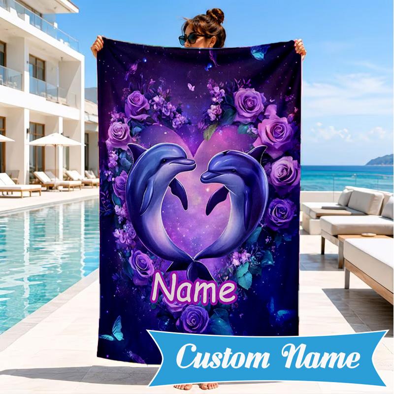 Custom Name Dolphins Starry Night Beach Towel Microfiber Beach Towel, Lightweight and Quick-Dry, for Summer Travel, Swimming Pool Gift