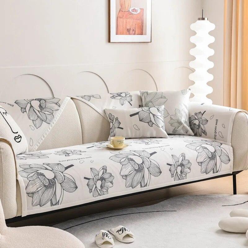 Summer Printed Ice Silk Sofa Cover Anti-slip Skin Friendly Living Room Sofa Cooler Cushion Sofa Cover Fabric Seat Cushion Cover