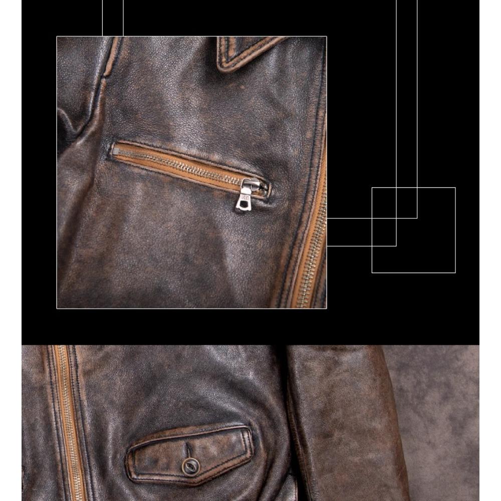 Chinese Size Vintage Men Genuine Leather Jacket Tea Core Cowhide Thickness 1.4mm Tanned Oil Waxed Real Leather Jacket Heavy Thick