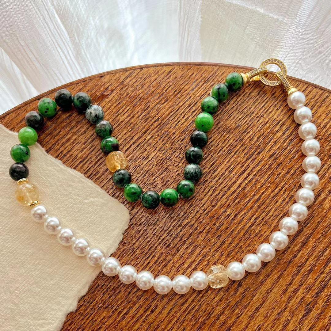 Retro Natural Citrine Red And Green Treasure Artificial Crystal Cold White Imitation Pearl Collarbone Chain Necklace