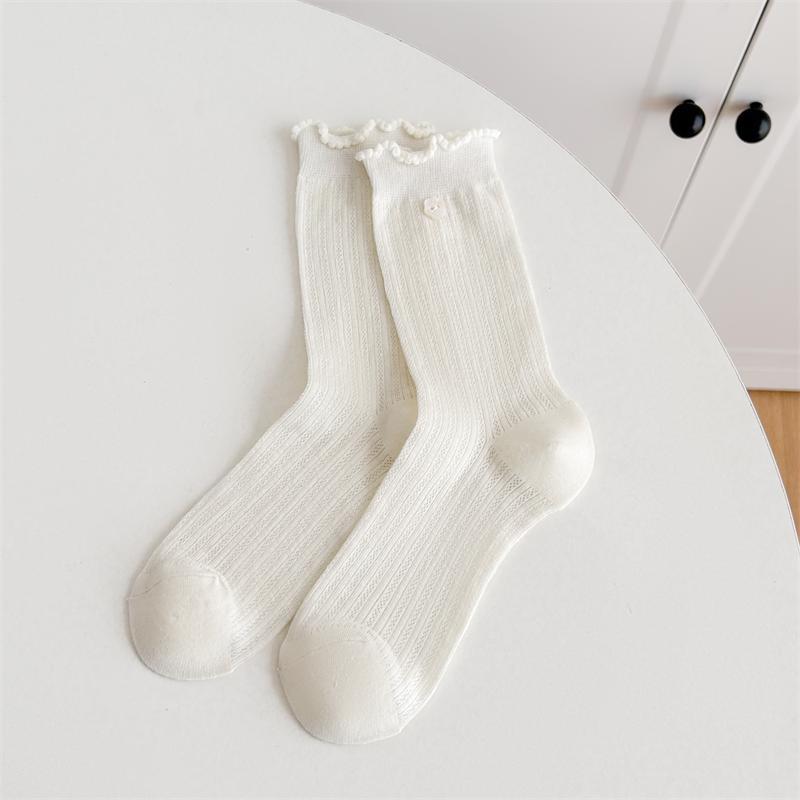 Women's Summer Thin Floral Button Cotton Mesh Breathable Medium Tube Stack Socks