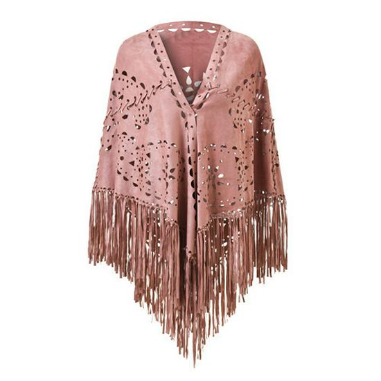 European & American Style Suede Velvet Fringe Shawl - Women s High-End Hollowed Warm Cloak