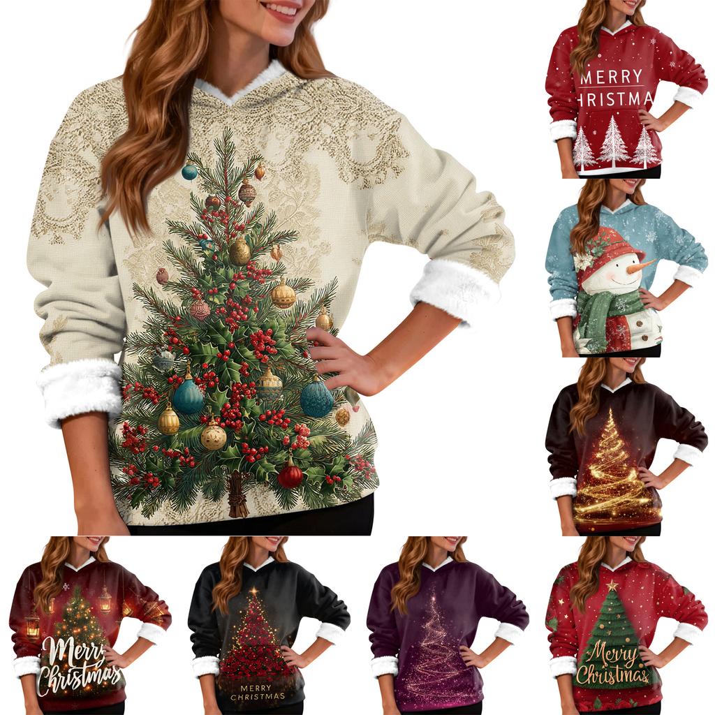 Women's Casual Fashion Plus Velvet Thickened Christmas Print Hooded Sweatshirt