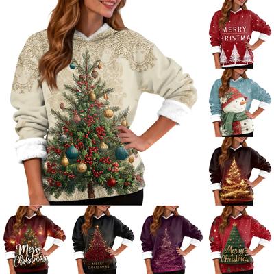 Women's Casual Fashion Plus Velvet Thickened Christmas Print Hooded Sweatshirt