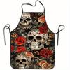 A Gothic Mexican Style Apron Featuring a Skull And Rose Print - Black with White Sugar Skulls And Red Roses, Durable And Easy To Clean - Perfect for D
