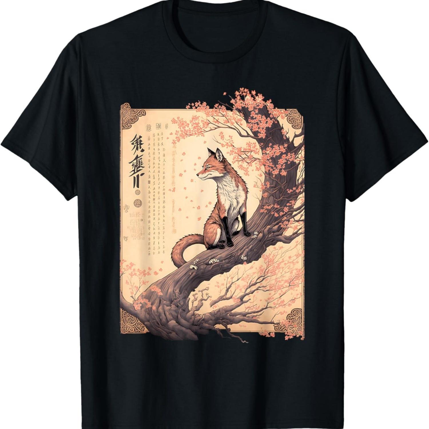 

Vintage Cherry Blossom Fox Scroll Graphical Art T-Shirt S чёрный