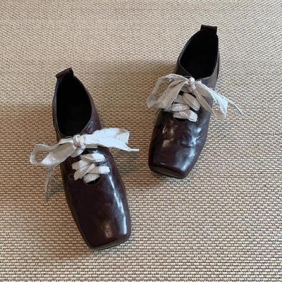 Retro Literary Square Head Small Leather Shoes High Sense Thick Heel Front Strap Ballet Versatile Single Shoes Women