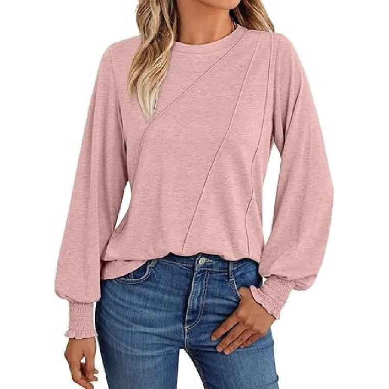 2026 popular women's long-sleeve shirt with pleated round neck, autumn top, fashionable women's clothing