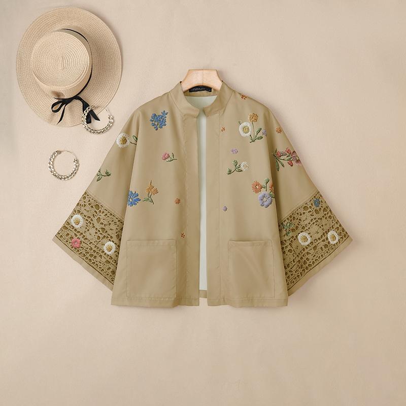 

ZANZEA Women Casual Stand Collar 3/4 Sleeve Embroidery Floral Cardigan Blouse XL