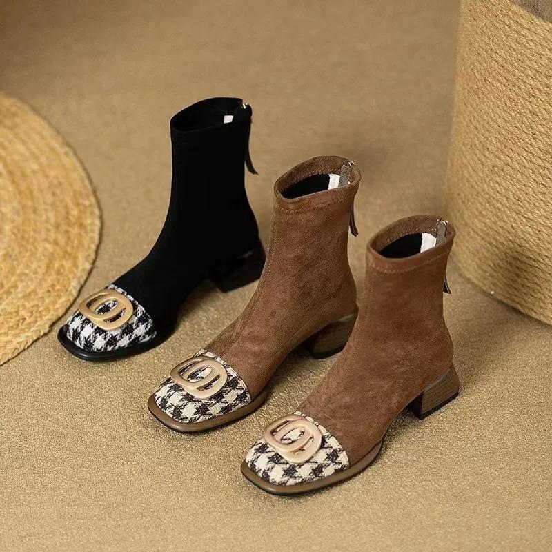 Fashion Women Mid Heels Chelsea Boots Chunky Suede Ankle Shoes Winter 2024 Fashion New Zipper Boots Pumps Walking Punk Warm Sock Botas