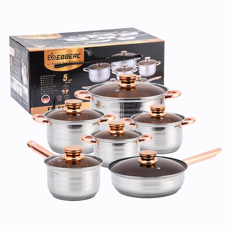 Cross 12-Piece Stainless Steel Cookware Set: Thickened Pots, Double-Bottom Frying Pan, Milk Pot, and Soup Pot