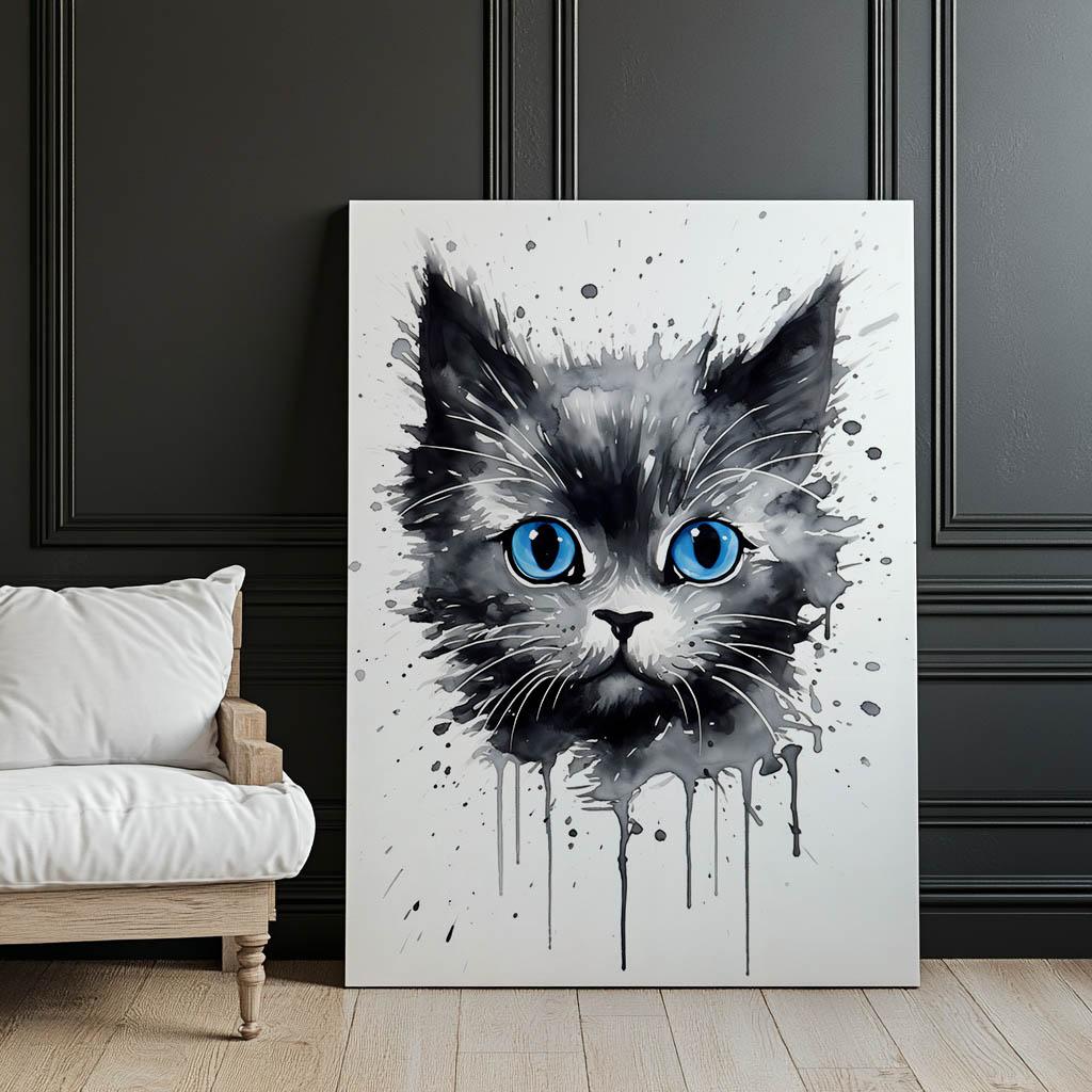 Kot W Akwareli Kot W Akwareli, 50X70 Cm, Rama Aluminiowa Złota, Papier Matowy 230 Gsm