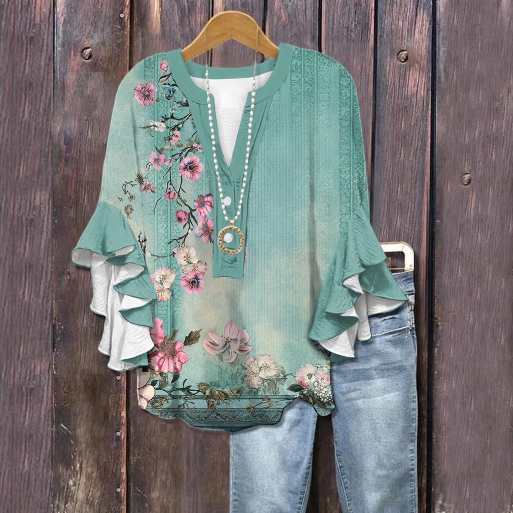 Summer Tops For Women Cute V Neck 3/4 Sleeve Blouses Floral Print Top Casual Shirts