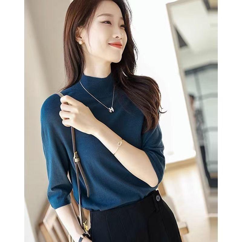 

Женский свитер с полуворотом и семью рукавами, вязаный свитер, свободная футболка 3XL синий