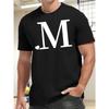 European Size M Letter Print Men'S Casual Short Sleeve T-shirt, Polyester Geometric-pattern Crew Neck Slight Stretch Tops for Summer Outdoor Casual