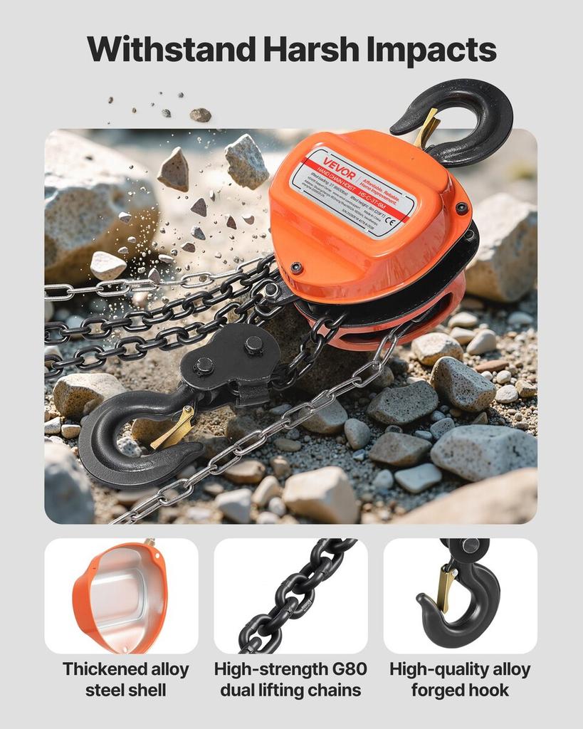Hand Chain Hoist, 3 Ton Capacity, Manual Chain Block with Upgrade G80 Galvanized Chain, 6 m Lifting Height, Heavy Duty Pulley Hoist for Garage