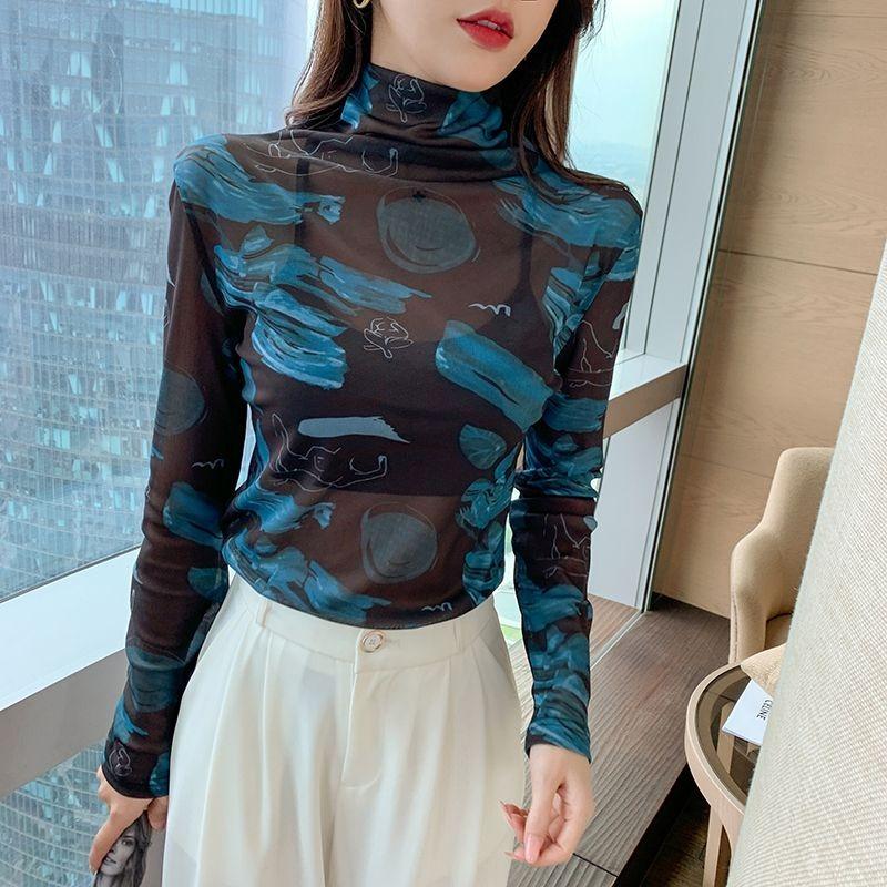 

Women s Sheer Turtleneck Long-Sleeve Top Dark Blue Abstract Print Slim-Fit Casual Blouse L синій