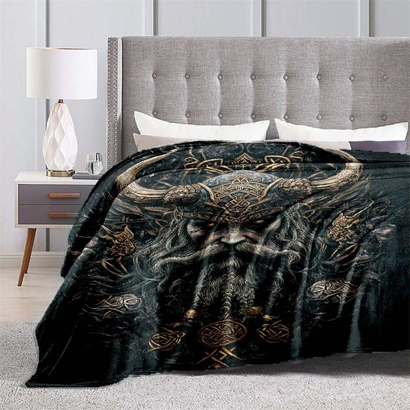 Dark Fantasy Style Viking Head Pattern Printed Blanket, Suitable for Sofa, Bed, Camping, Office, Travel Gift Blanket, All-season Multi-purpo