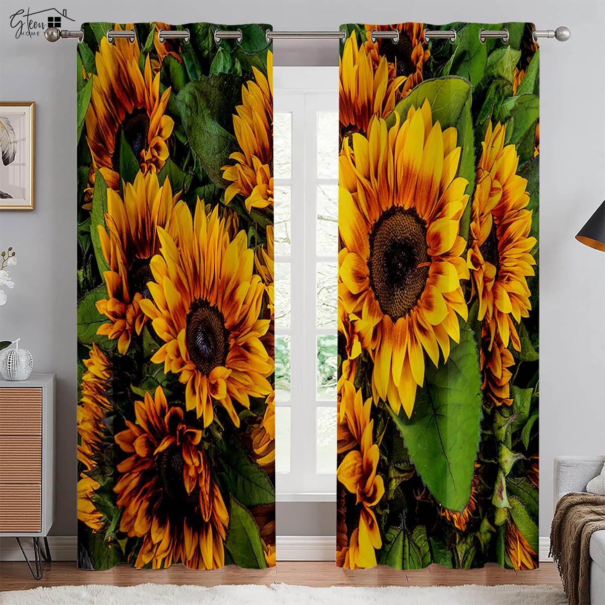 

Шторы с цветочным принтом подсолнухов, декор окон в пасторальном стиле, подходящие для гостиной, спальни, балконных штор W50xH130(CM)x2PCS&Grommet Top