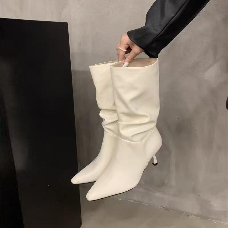 

Fine heel white stacked medium tube knight boots women s shoes 2025 new autumn and winter fashion boots pointed temperament high heel boots 39 білий