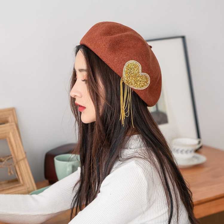 New Love Tassel Beret Korean Warm Hat for Women's Retro Woolen Painter Hat Versatile Beret Hat
