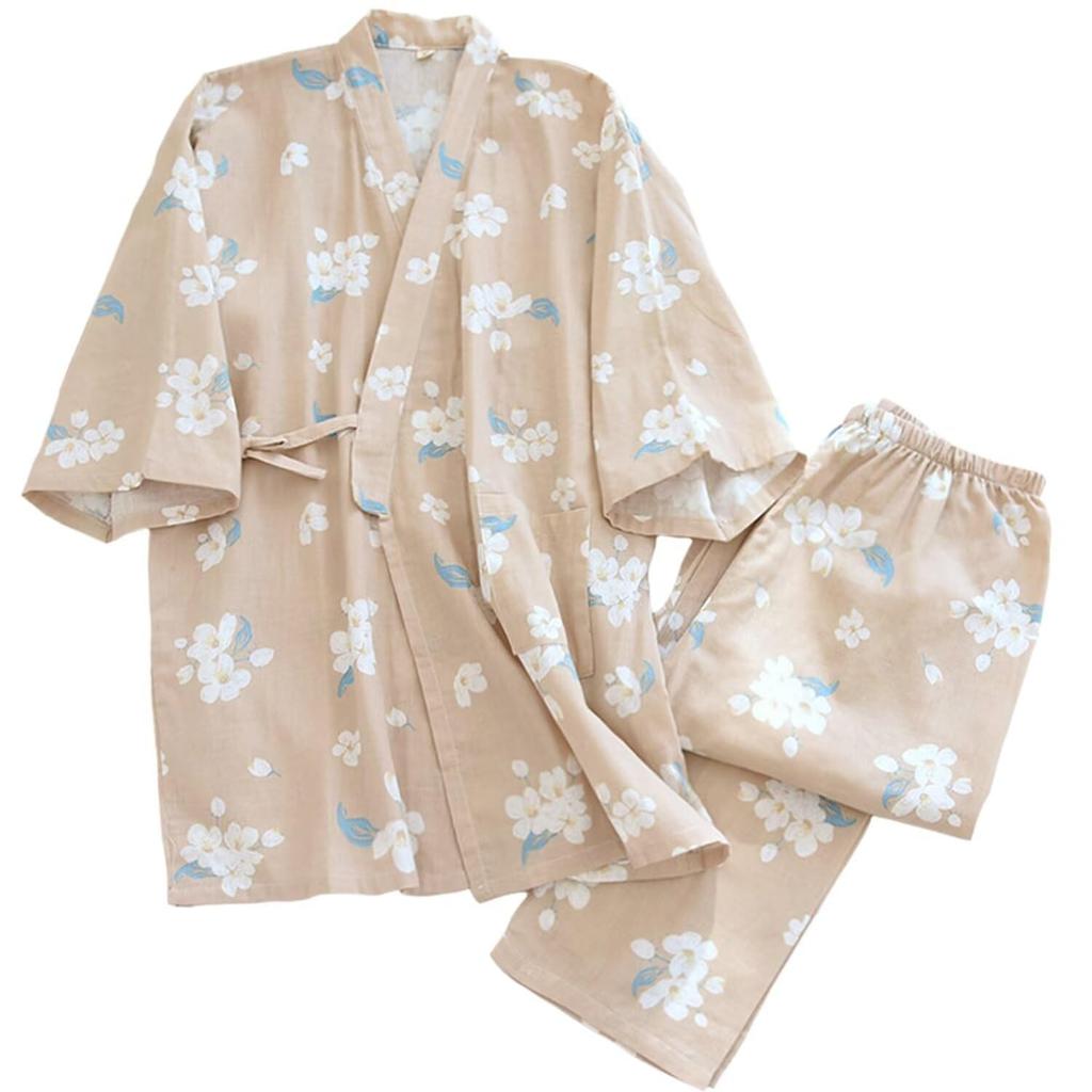 Floral Front Washable Summer Kimono [SISOFTLY] Women's Jinbei, Pattern, 100% Cotton, 2-Piece Set, 3/4 Sleeves, Opening, Samue, Cute, Yukata, Women's,