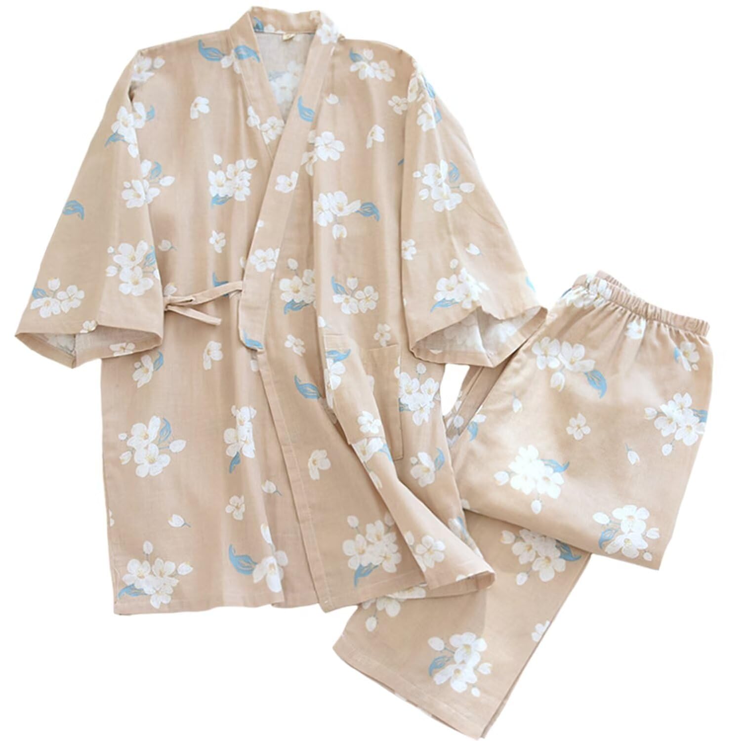 

Цветочный Летний Кимоно с Застежкой спереди [SISOFTLY] Женский Джинбей, Узор, 100% Хлопок, Набор из 2 предметов, Рукава 3/4, Застежка, Самуэ, Милый, Юката, Женский,