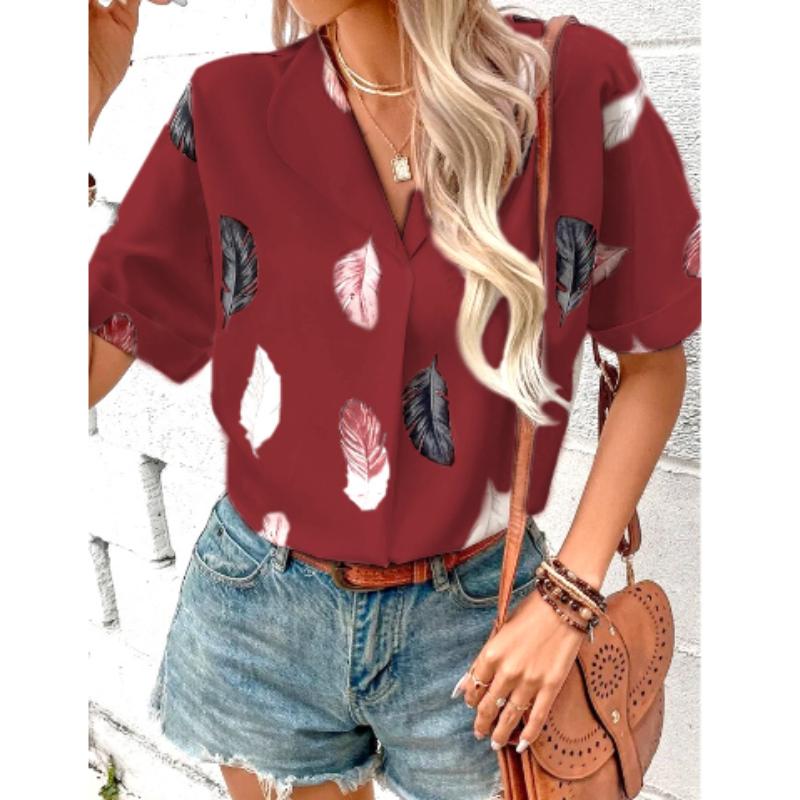 Women Casual Notched  Lapel Feather Print Short-sleeved Blouse Top