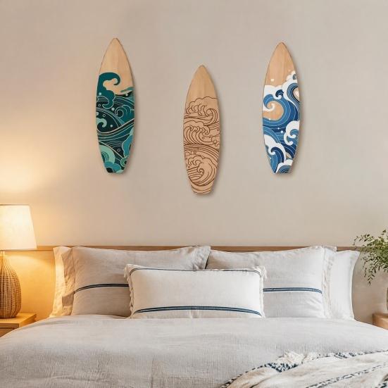 Slaapkamer Wanddecoraties 3 Stuks Zomer Surfplank Decor, Houten Strandborden, Kustthema Kunst Hangdecoraties voor Woonkamer Badkamer Set