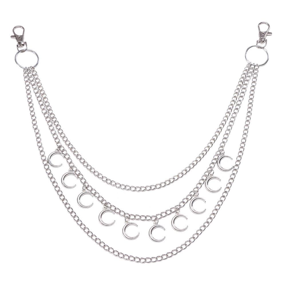 Trendy Cool Double-Layer Metal Waist Chain with Moon Pendant for Jeans - Hip Hop Street Style for Men & Women