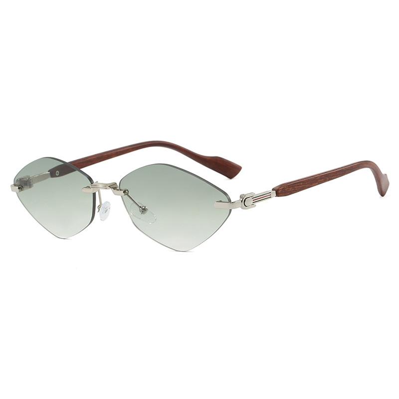 European and American rhombus frameless trimmed sunglasses metal sunglasses wood grain fashion sunscreen UV protection sunglasses women