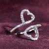 Huitan Exquisite Double Heart Opening Rings for Wedding Aesthetic Shiny Cubic Zirconia Accessories Women Graceful Party Zircon