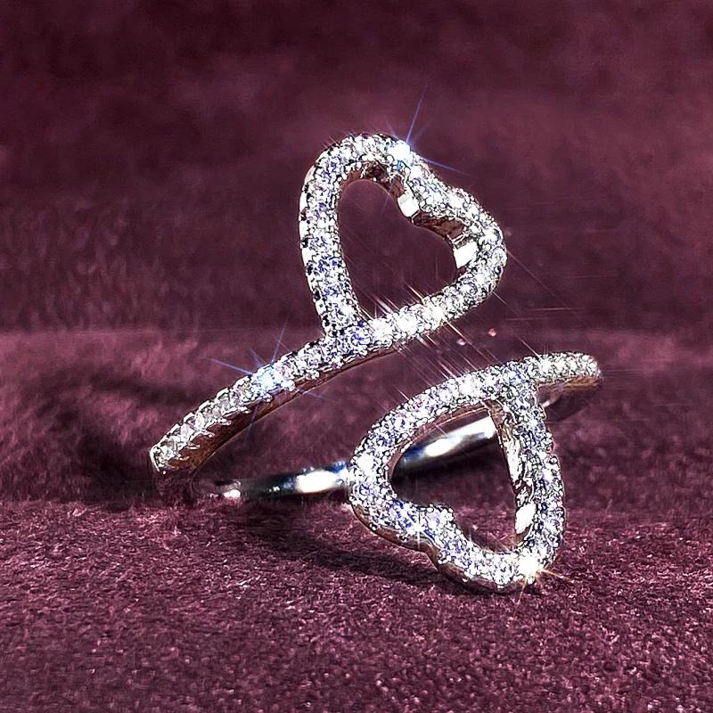 Huitan Exquisite Double Heart Opening Rings for Wedding Aesthetic Shiny Cubic Zirconia Accessories Women Graceful Party Zircon