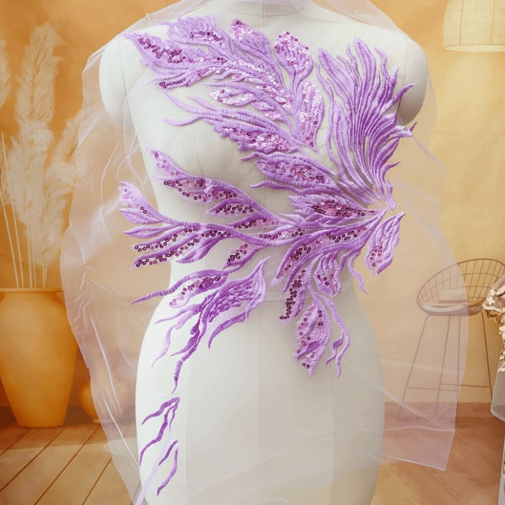 64×30cm Embroidery Patch Feather shape Gorgeous Design Sequin Patch Sparkling Fabric Patch Costumes DIY Decoration Accessories фиолетовый