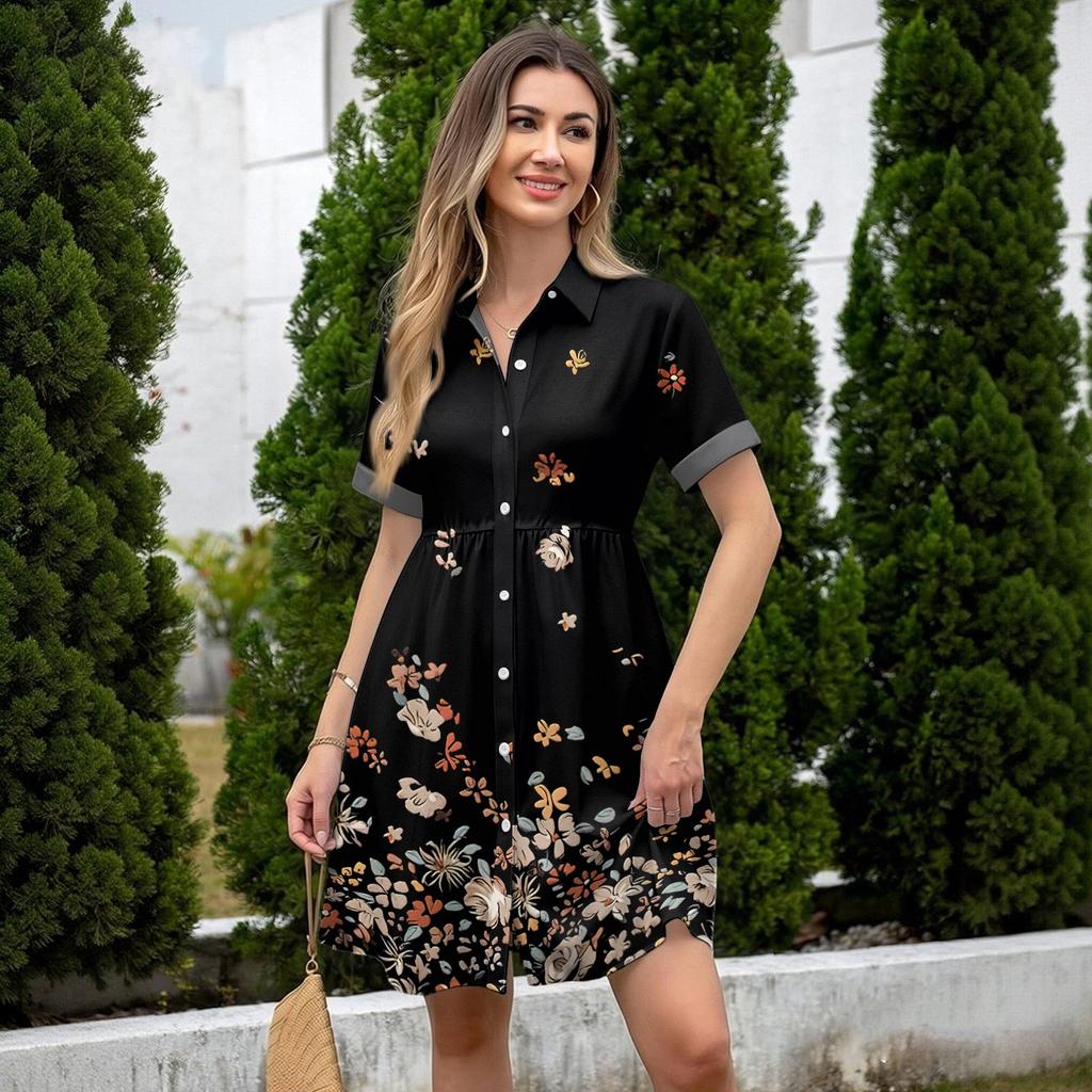 Women’s Casual Loose Fit Shirt Dress Button Down Stand Collar Short Sleeve Relaxed Tunic Dress with Geometric Print