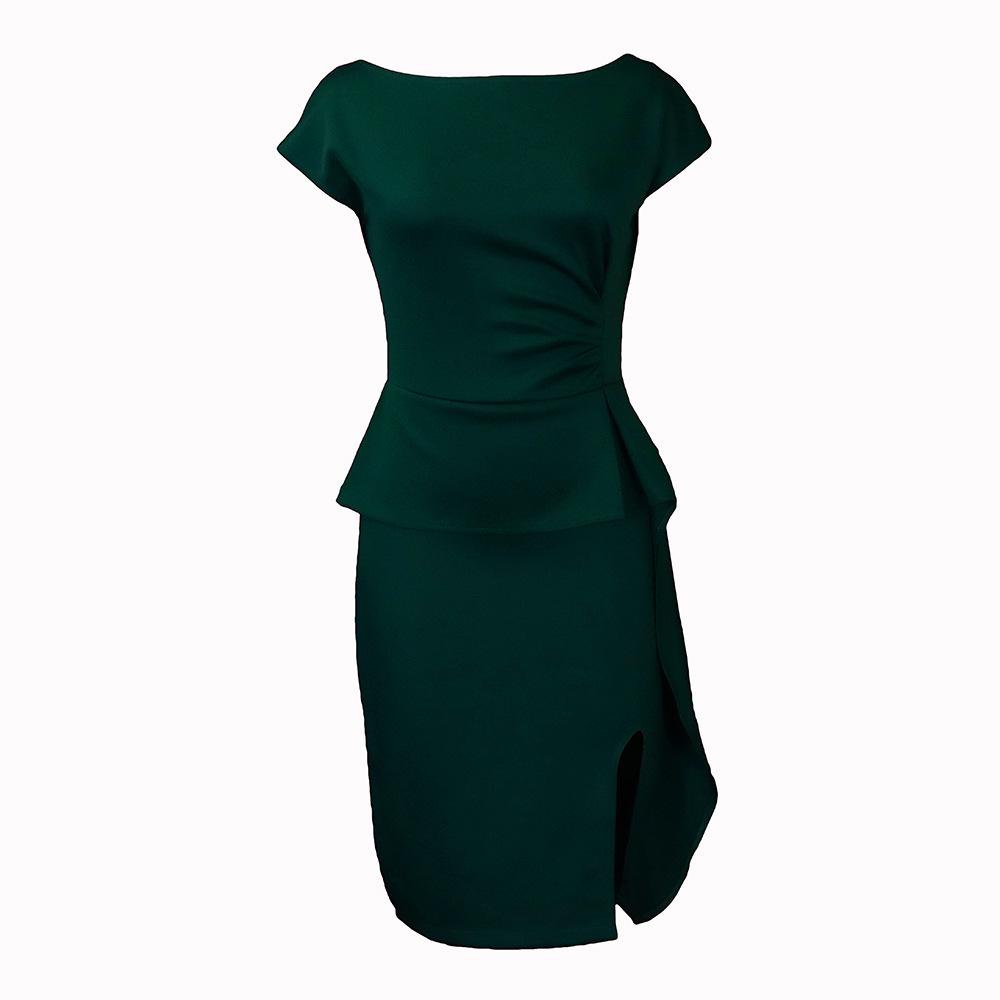 

Женское облегающее платье большого размера однотонное - с коротким рукавом, круглым вырезом, летнее платье-запа́х с разрезом S зелёный