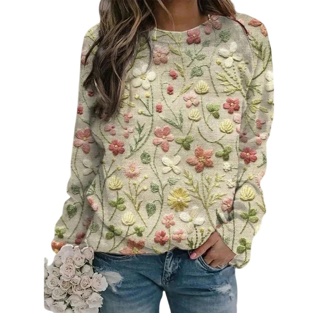 Women's Flower Print Pullover Sweater Casual Loose Long Sleeve Knit Top