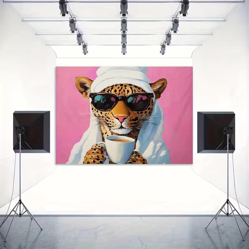 2D Leopard with Sunglasses & Coffee Backdrop for Bedroom Decor and Girly Party